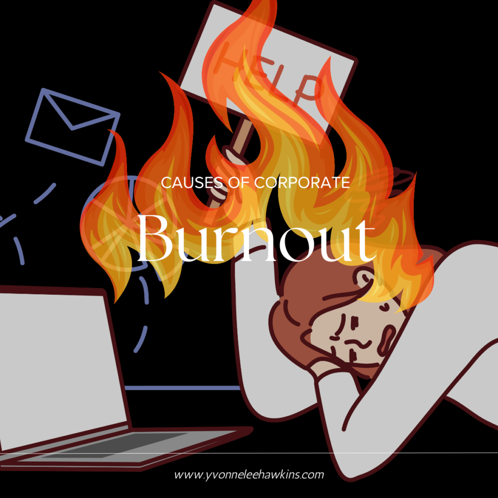 cartoon woman laying on her laptop holding up a sign saying Help while she is engulfed in flames